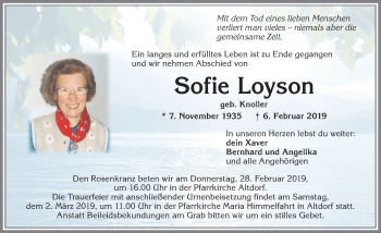 Traueranzeige von Sofie Loyson von Allgäuer Zeitung, Marktoberdorf