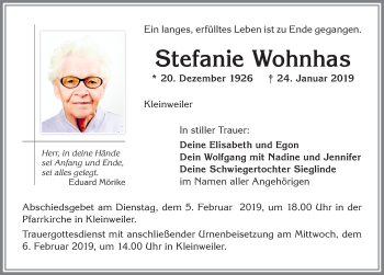 Traueranzeige von Stefanie Wohnhas von Allgäuer Zeitung,Kempten