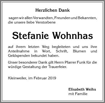 Traueranzeige von Stefanie Wohnhas von Allgäuer Zeitung,Kempten