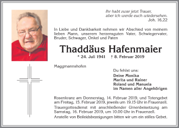 Traueranzeige von Thaddäus Hafenmaier von Allgäuer Zeitung,Kempten