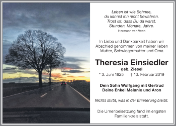 Traueranzeige von Theresia Einsiedler von Memminger Zeitung