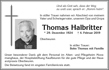 Traueranzeige von Thomas Halbritter von Allgäuer Zeitung, Kaufbeuren/Buchloe