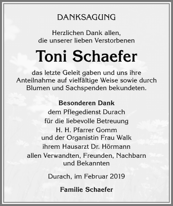 Traueranzeige von Toni Schaefer von Allgäuer Zeitung,Kempten