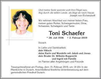 Traueranzeige von Toni Schaefer von Allgäuer Zeitung,Kempten
