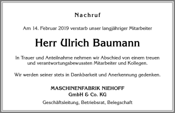 Traueranzeige von Ulrich Baumann von Allgäuer Zeitung, Marktoberdorf