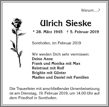 Traueranzeige von Ulrich Sieske von Allgäuer Anzeigeblatt