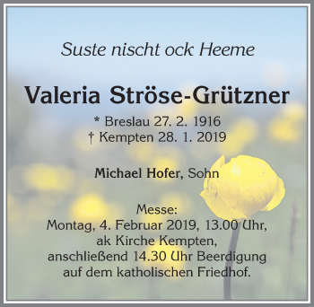 Traueranzeige von Valeria Ströse-Grützner von Allgäuer Zeitung,Kempten