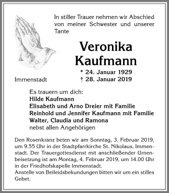 Traueranzeige von Veronika Kaufmann von Allgäuer Anzeigeblatt