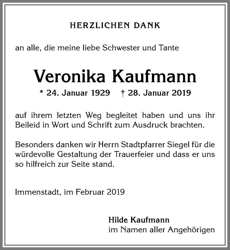  Traueranzeige für Veronika Kaufmann vom 23.02.2019 aus Allgäuer Anzeigeblatt