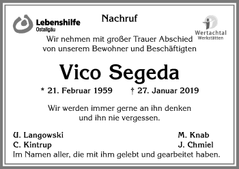 Traueranzeige von Vico Segeda von Allgäuer Zeitung, Kaufbeuren/Buchloe