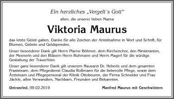 Traueranzeige von Viktoria Maurus von Allgäuer Zeitung, Marktoberdorf