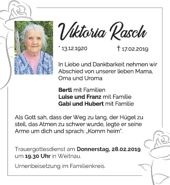 Traueranzeige von Viktoria Rasch von Allgäuer Zeitung,Kempten