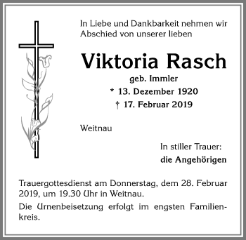 Traueranzeige von Viktoria Rasch von Allgäuer Zeitung,Kempten
