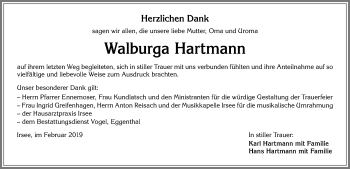 Traueranzeige von Walburga Hartmann von Allgäuer Zeitung, Kaufbeuren/Buchloe