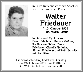 Traueranzeige von Walter Friedauer von Allgäuer Zeitung, Kaufbeuren/Buchloe