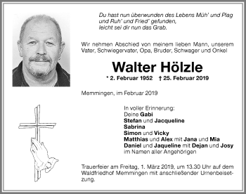 Traueranzeige von Walter Hölzle von Memminger Zeitung