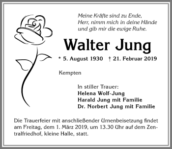 Traueranzeige von Walter Jung von Allgäuer Zeitung,Kempten