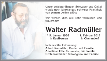 Traueranzeige von Walter Radmüller von Allgäuer Zeitung, Kaufbeuren/Buchloe