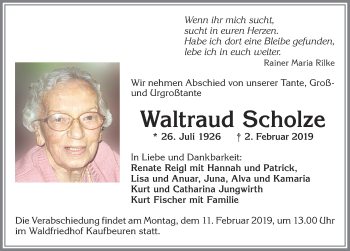 Traueranzeige von Waltraud Scholze von Allgäuer Zeitung, Kaufbeuren/Buchloe