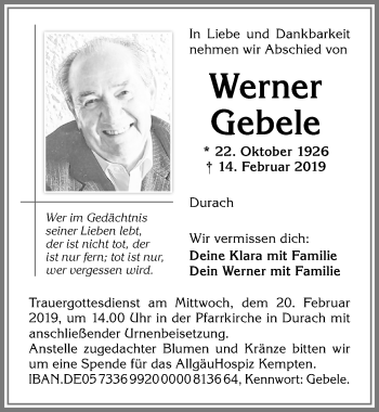Traueranzeige von Werner Gebele von Allgäuer Zeitung,Kempten
