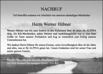 Traueranzeige von Werner Hübner von Allgäuer Zeitung