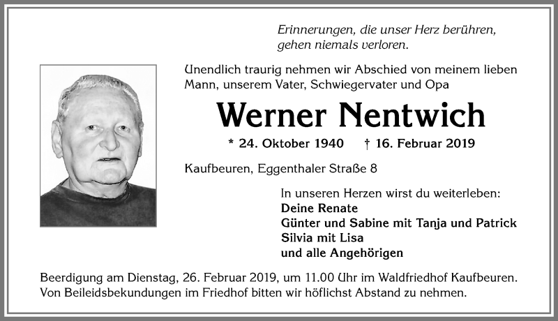  Traueranzeige für Werner Nentwich vom 23.02.2019 aus Allgäuer Zeitung, Kaufbeuren/Buchloe