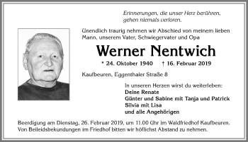 Traueranzeige von Werner Nentwich von Allgäuer Zeitung, Kaufbeuren/Buchloe