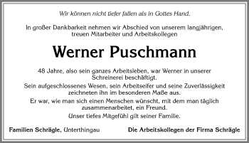 Traueranzeige von Werner Puschmann von Allgäuer Zeitung, Marktoberdorf