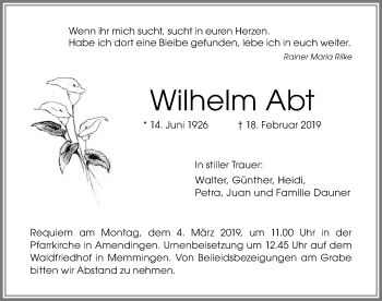 Traueranzeige von Wilhelm Abt von Memminger Zeitung
