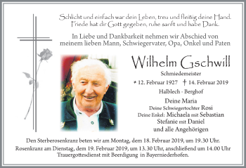 Traueranzeige von Wilhelm Gschwill von Allgäuer Zeitung, Füssen