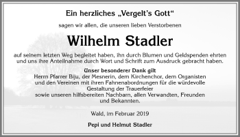 Traueranzeige von Wilhelm Stadler von Allgäuer Zeitung, Marktoberdorf