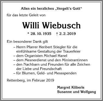 Traueranzeige von Willi Wiebusch von Allgäuer Anzeigeblatt