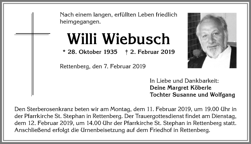  Traueranzeige für Willi Wiebusch vom 07.02.2019 aus Allgäuer Anzeigeblatt