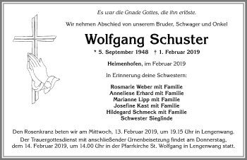 Traueranzeige von Wolfgang Schuster von Allgäuer Zeitung, Marktoberdorf