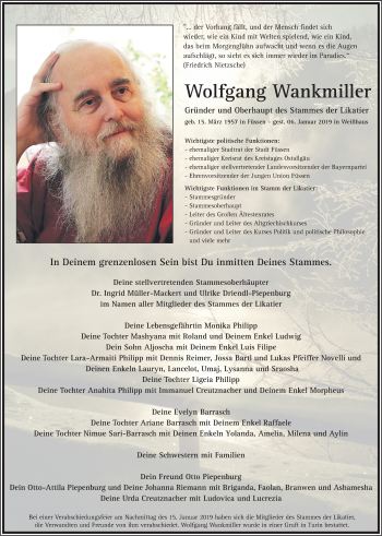 Traueranzeige von Wolfgang Wankmiller von Allgäuer Zeitung, Füssen