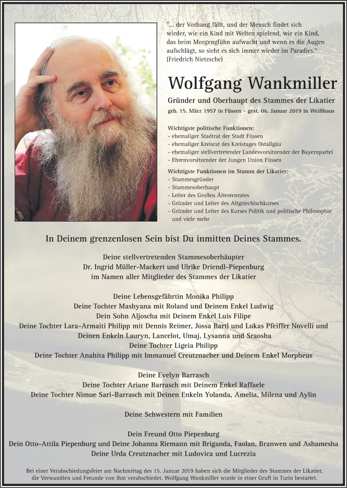  Traueranzeige für Wolfgang Wankmiller vom 23.02.2019 aus Allgäuer Zeitung, Füssen