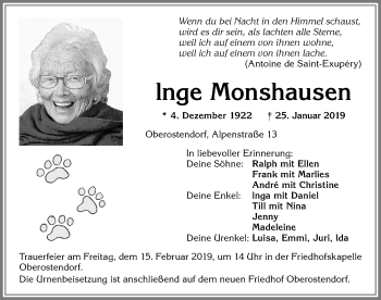 Traueranzeige von lnge Monshausen von Allgäuer Zeitung, Kaufbeuren/Buchloe