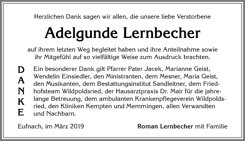  Traueranzeige für Adelgunde Lernbecher vom 21.03.2019 aus Allgäuer Zeitung,Kempten