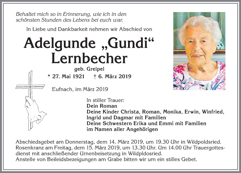  Traueranzeige für Adelgunde Lernbecher vom 12.03.2019 aus Allgäuer Zeitung,Kempten