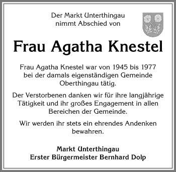 Traueranzeige von Agatha Knestel von Allgäuer Zeitung, Marktoberdorf