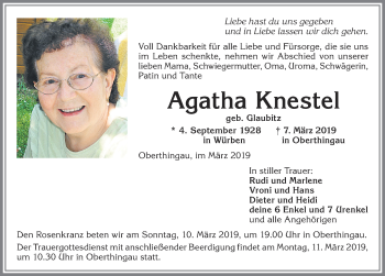 Traueranzeige von Agatha Knestel von Allgäuer Zeitung, Marktoberdorf