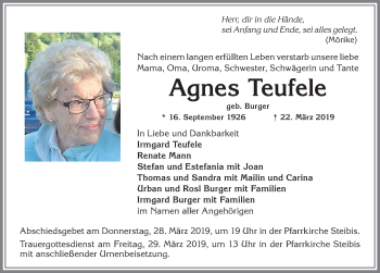 Traueranzeige von Agnes Teufele von Allgäuer Zeitung