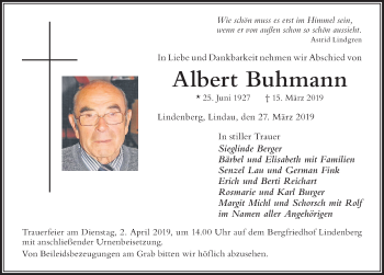 Traueranzeige von Albert Buhmann von Der Westallgäuer