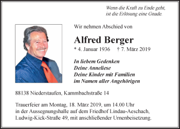Traueranzeige von Alfred Berger von Der Westallgäuer