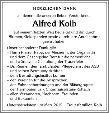 Traueranzeige von Alfred Kolb von Allgäuer Anzeigeblatt