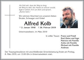 Traueranzeige von Alfred Kolb von Allgäuer Anzeigeblatt