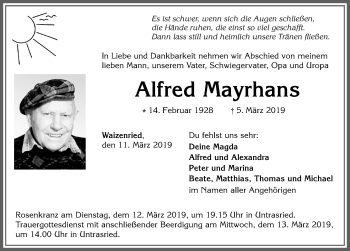 Traueranzeige von Alfred Mayrhans von Allgäuer Zeitung, Marktoberdorf