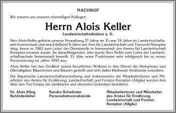 Traueranzeige von Alois Keller von Allgäuer Zeitung