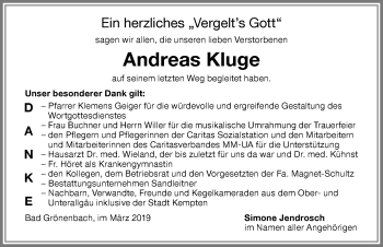Traueranzeige von Andreas Kluge von Memminger Zeitung