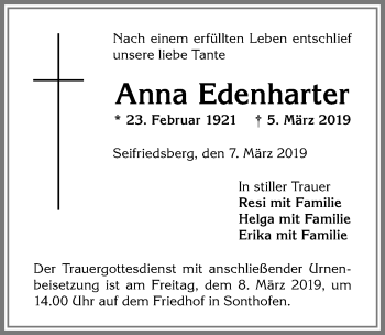 Traueranzeige von Anna Edenharter von Allgäuer Anzeigeblatt